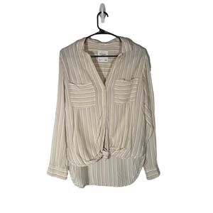 Abercrombie & Fitch Women Beige White Striped Knot Front Button Down Shirt Med